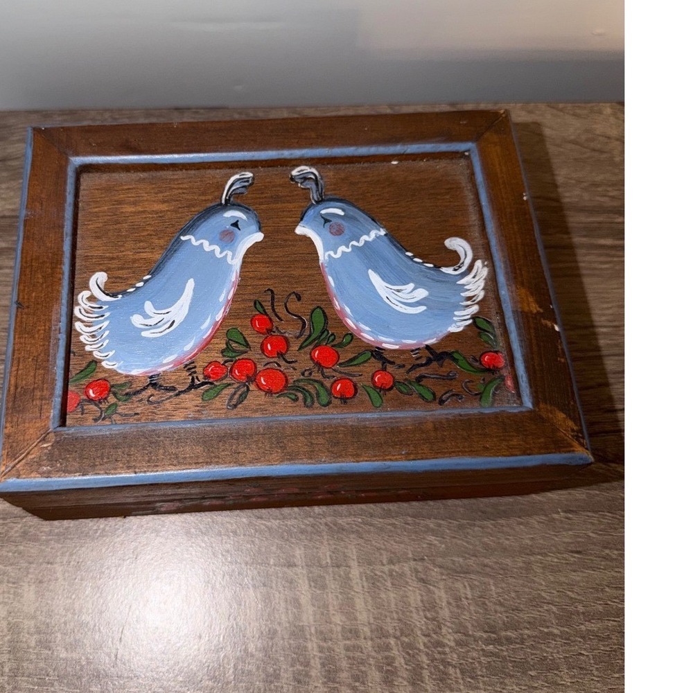 Vintage Hand Painted Wooden Trinket Box Folk Art Blue Birds Berries Keepsake